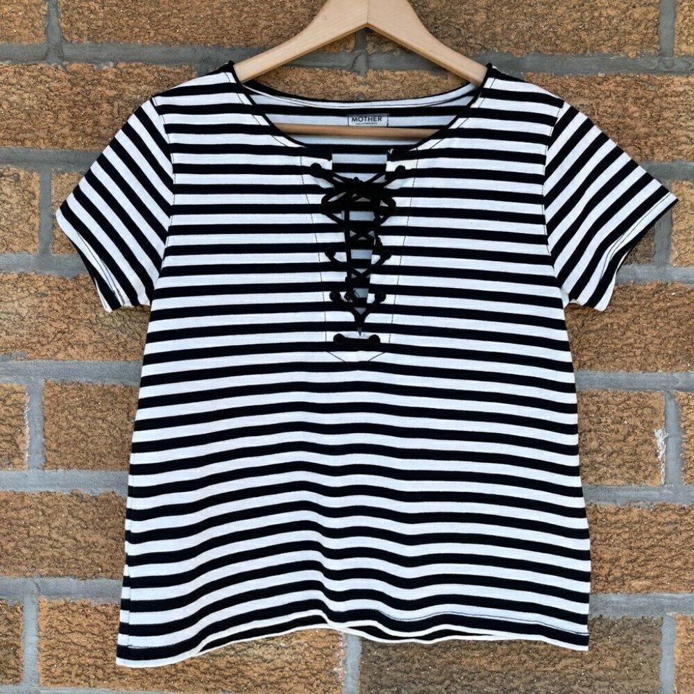 Mother Womens Lace Up V-Neck Striped Short Sleeve T-Shirt Black White Size S